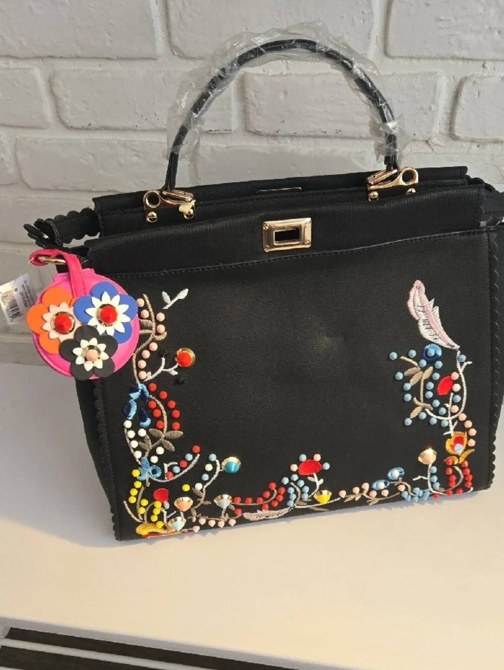 Vegan Black Embroidered Top-Handle Satchel by Handbag Republic